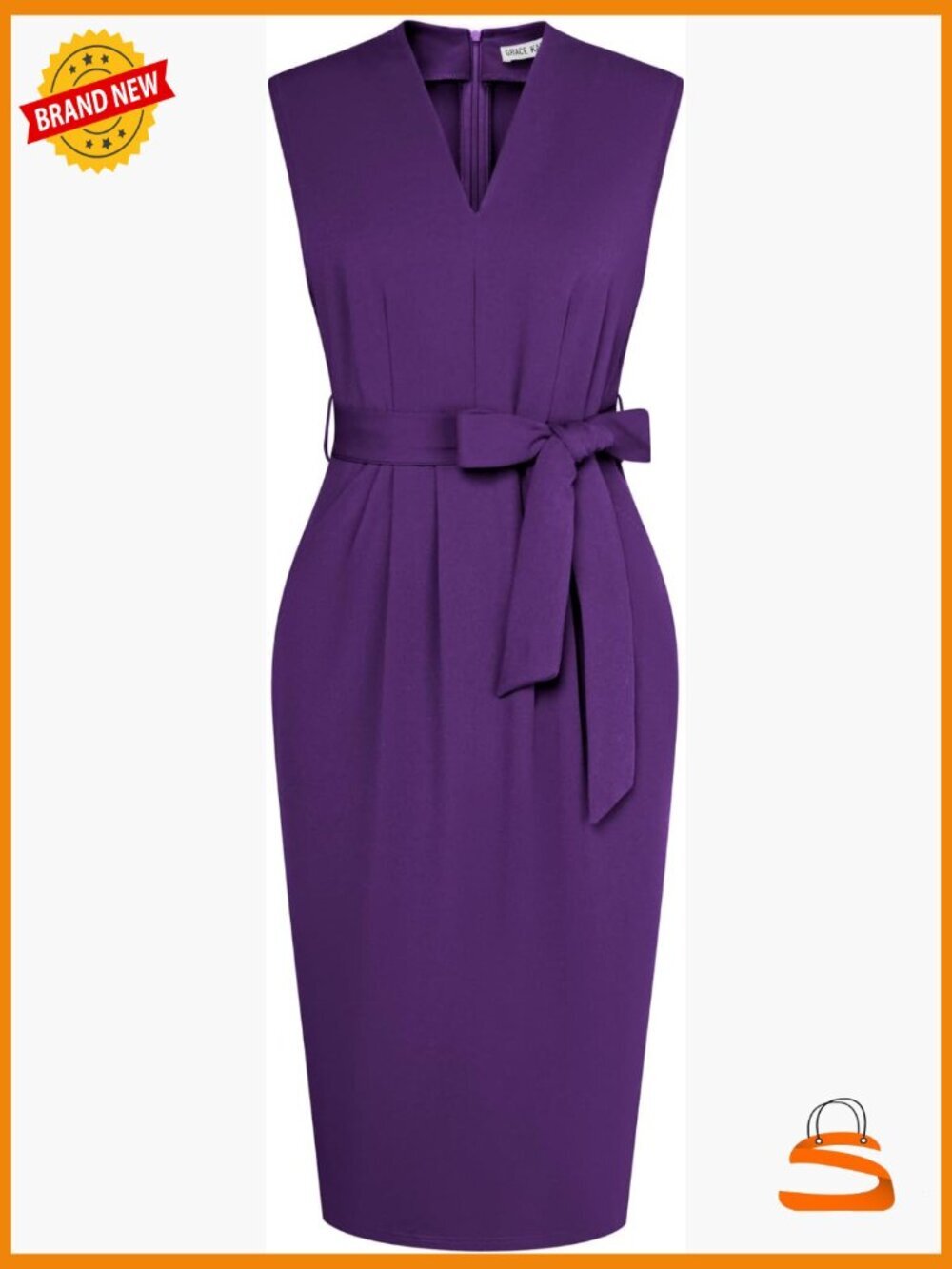 Business Bodycon Sheath Dress with Pockets, V-Neck, Zipper, Belt